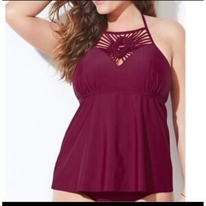 Swimsuits For All Macrame Berry Red Tankini Top- Size 16